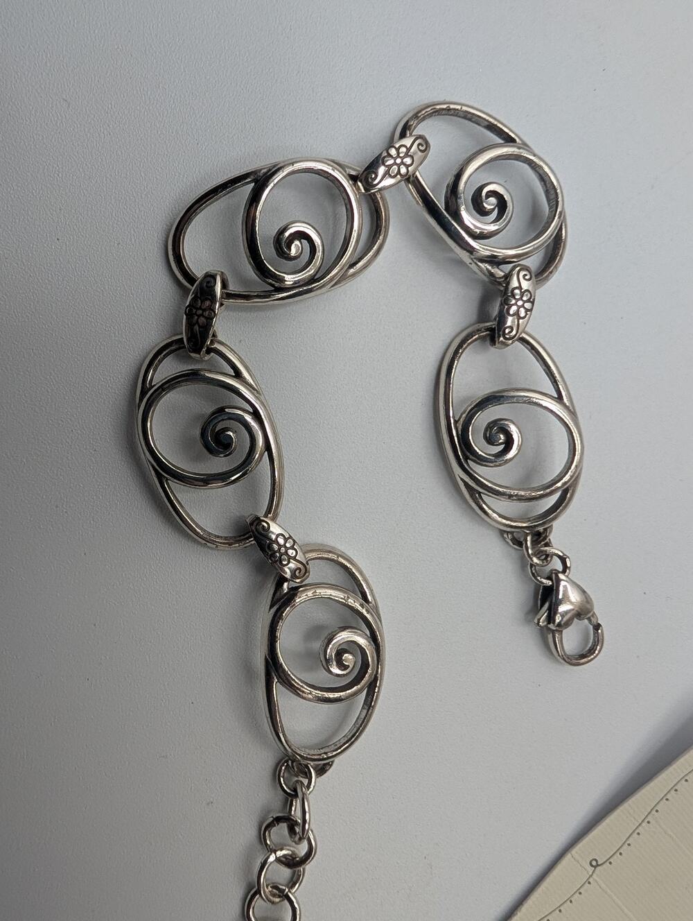 Brighton Rock n Scroll Elegant Silver Tone Spiral Link Bracelet Floral Accents